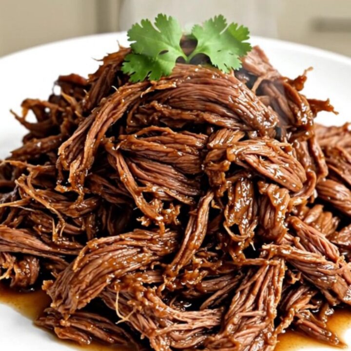 A close-up of tender, shredded chipotle beef on a white plate, showing the moist texture and deep color.