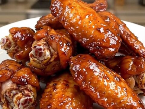 A plate of glossy, steaming Cajun butter chicken wings served on a white plate in a kitchen.