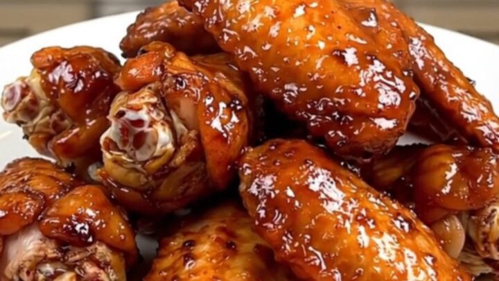 A plate of glossy, steaming Cajun butter chicken wings served on a white plate in a kitchen.