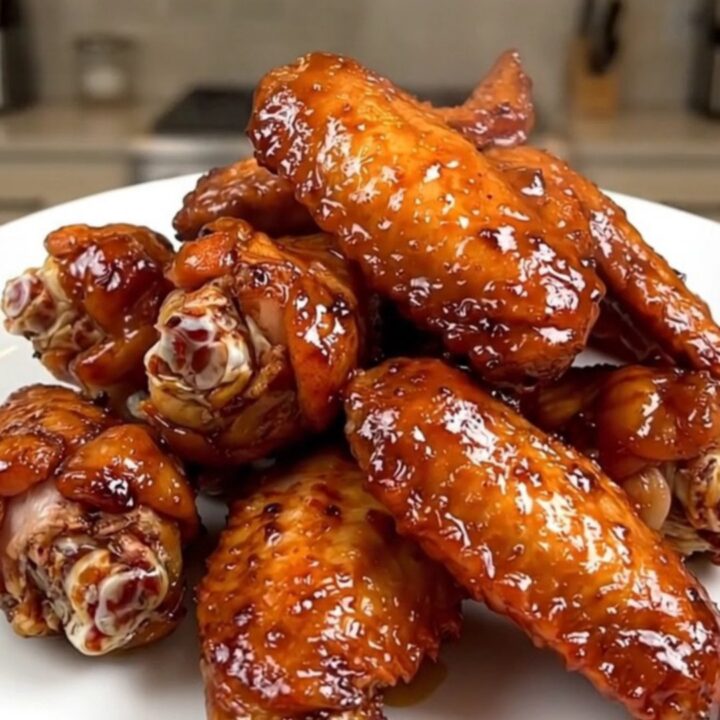 A plate of glossy, steaming Cajun butter chicken wings served on a white plate in a kitchen.