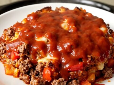 A top-down view of a black slow cooker filled with ground beef, chopped bell peppers, and rich tomato sauce before cooking.