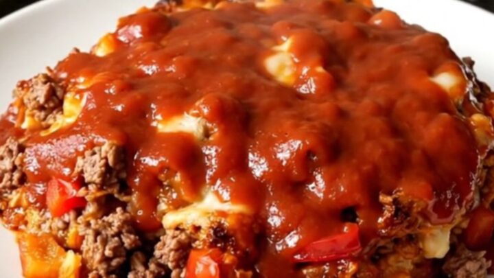 A top-down view of a black slow cooker filled with ground beef, chopped bell peppers, and rich tomato sauce before cooking.