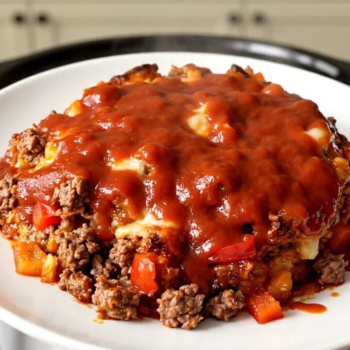 A top-down view of a black slow cooker filled with ground beef, chopped bell peppers, and rich tomato sauce before cooking.