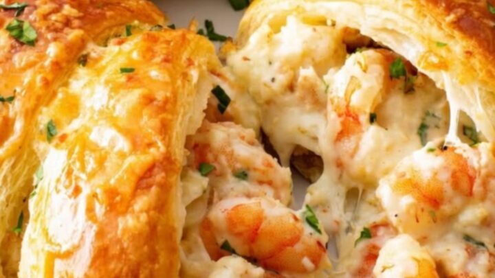 A golden-brown seafood crescent ring sliced open to reveal steaming melted cheese, tender pink shrimp