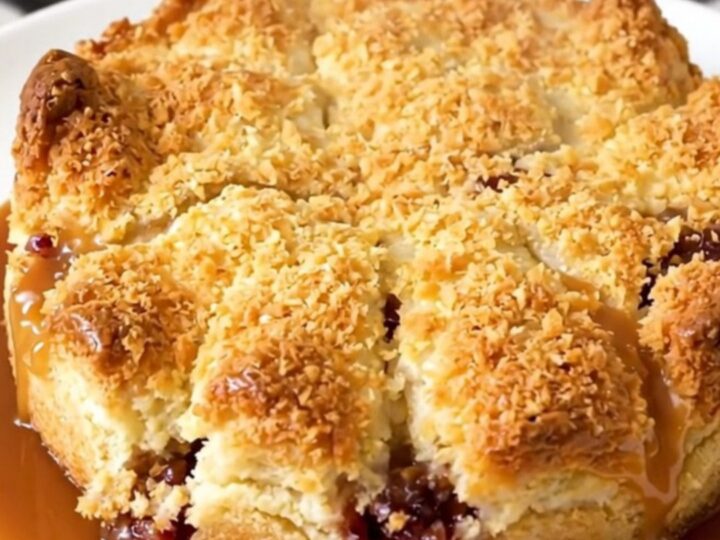 A close-up of a golden brown apple caramel cobbler served on a white plate.