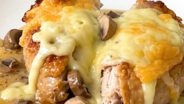 A slow cooker filled with chicken breasts, sliced mushrooms, and a creamy sauce.