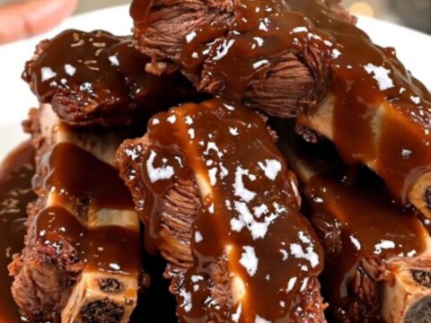A close-up of tender, glistening beef short ribs covered in a rich bourbon barbecue sauce on a white plate.