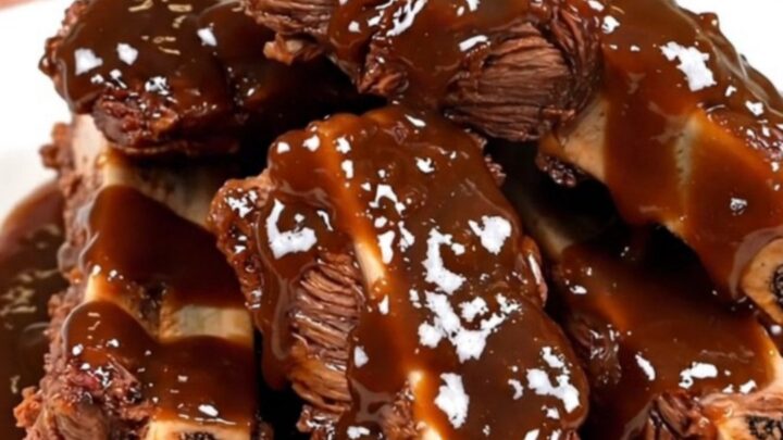A close-up of tender, glistening beef short ribs covered in a rich bourbon barbecue sauce on a white plate.