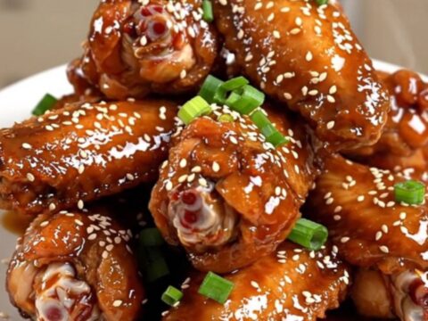 A close-up of glossy, dark-glazed chicken wings topped with sesame seeds on a white plate.