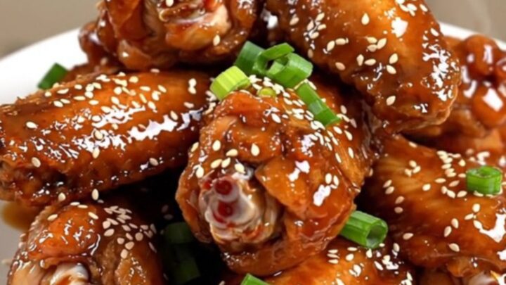 A close-up of glossy, dark-glazed chicken wings topped with sesame seeds on a white plate.
