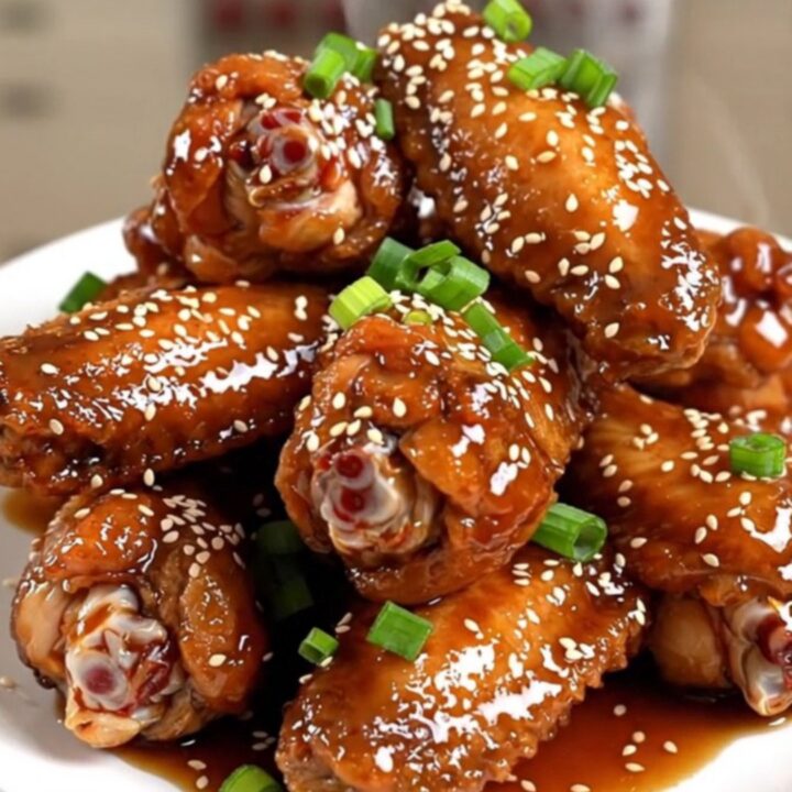 A close-up of glossy, dark-glazed chicken wings topped with sesame seeds on a white plate.