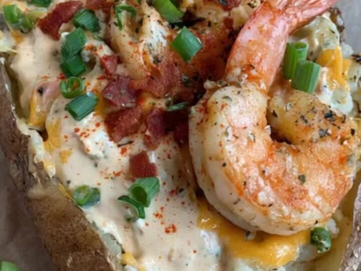 A loaded baked potato topped with melted cheddar, crispy bacon, plump shrimp, and rich Cajun sauce.