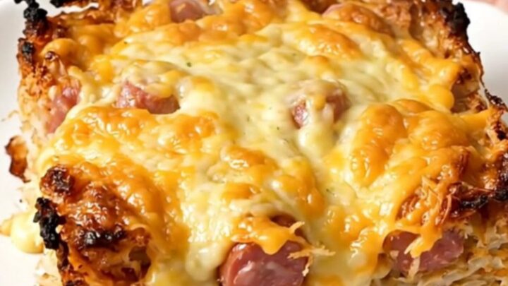 A close-up of a cheesy smoked sausage and hash brown casserole in a slow cooker.