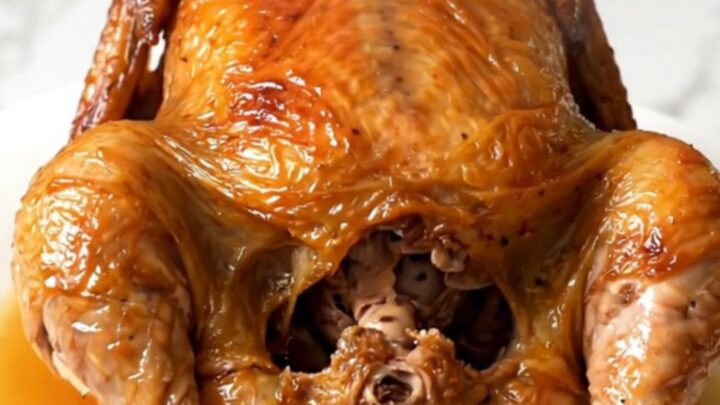 A golden, tender whole chicken cooked in a slow cooker, served on a white plate.