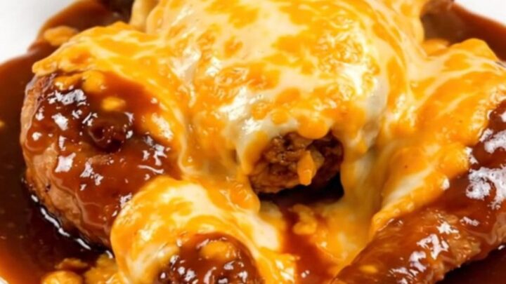A plate of slow-cooked barbecue chicken breast topped with melted cheese and bacon crumbles.