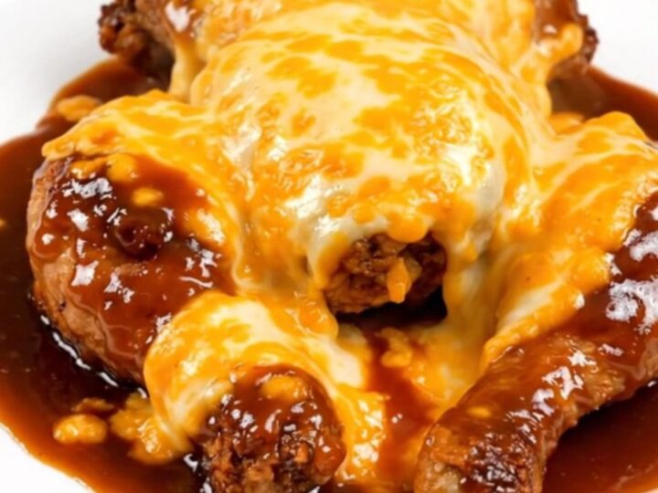 A plate of slow-cooked barbecue chicken breast topped with melted cheese and bacon crumbles.