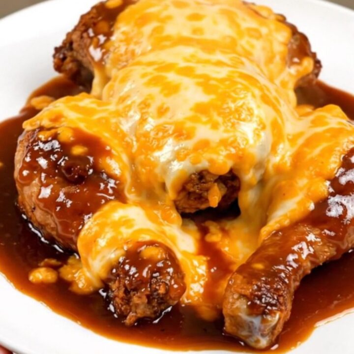 A plate of slow-cooked barbecue chicken breast topped with melted cheese and bacon crumbles.
