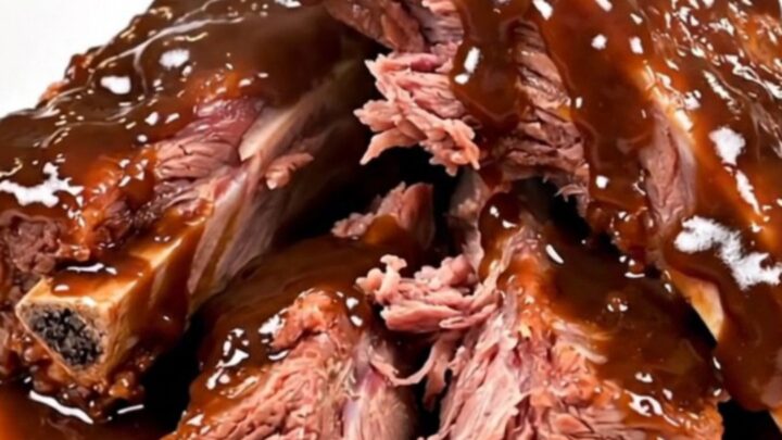 A top-down view of raw beef short ribs, chopped red onion, and barbecue sauce inside a black slow cooker.
