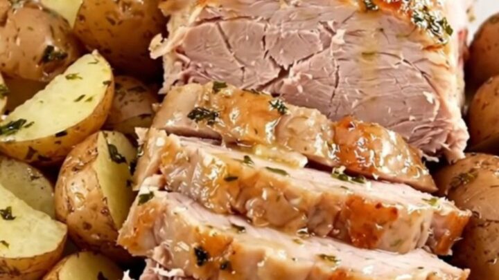 A close-up of a tender, sliced pork loin roast and buttery baby red potatoes on a white plate.