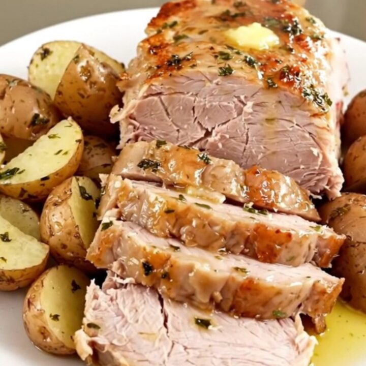 A close-up of a tender, sliced pork loin roast and buttery baby red potatoes on a white plate.