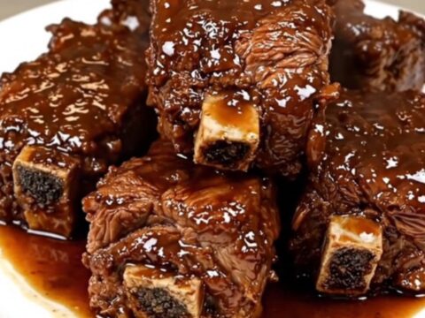 A top-down view of tender, glossy beef short ribs served on a white plate with a rich stout sauce.
