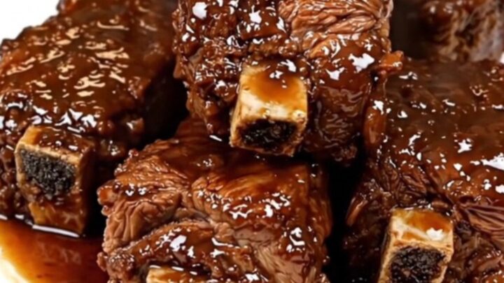 A top-down view of tender, glossy beef short ribs served on a white plate with a rich stout sauce.