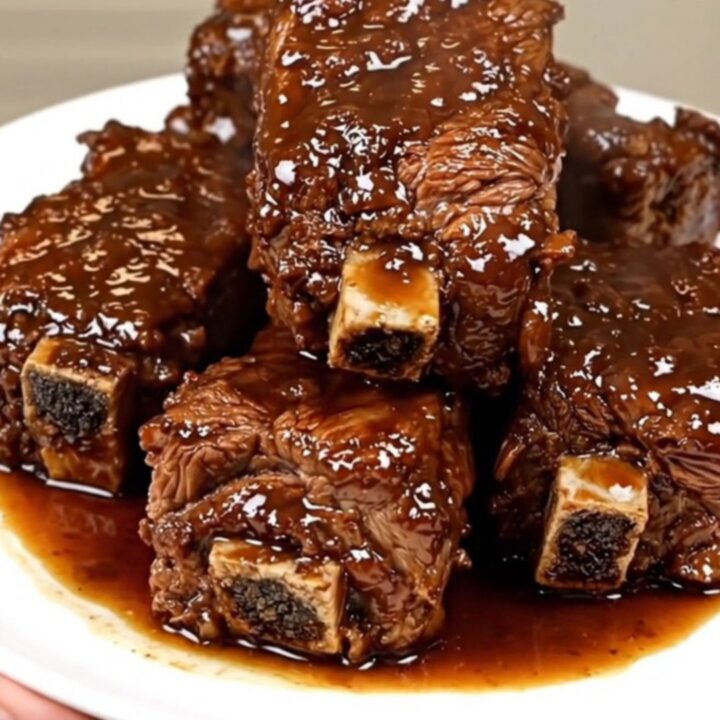 A top-down view of tender, glossy beef short ribs served on a white plate with a rich stout sauce.