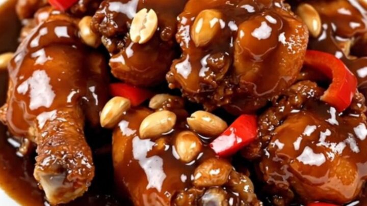 A close-up of glossy Kung Pao chicken with peanuts and peppers on a white plate.