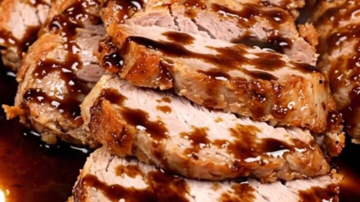 A top-down view of a slow cooker filled with raw pork tenderloin, red onions, and balsamic vinegar.