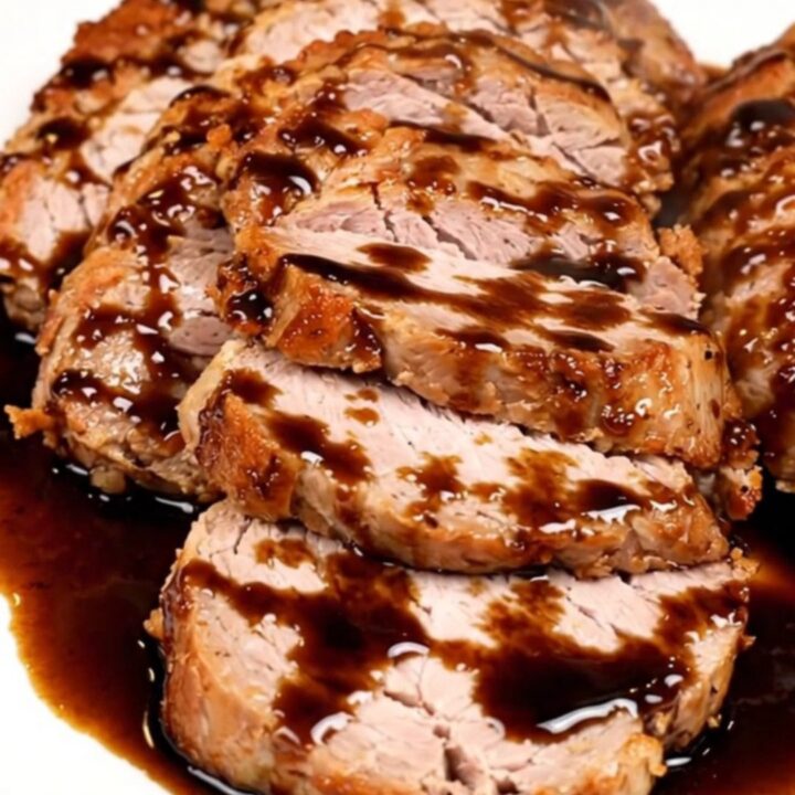 A top-down view of a slow cooker filled with raw pork tenderloin, red onions, and balsamic vinegar.