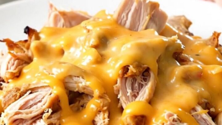 A top-down view of raw chicken breasts, bell peppers, and salsa con queso in a slow cooker.