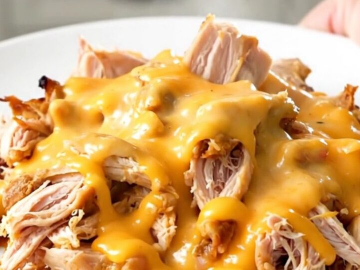 A top-down view of raw chicken breasts, bell peppers, and salsa con queso in a slow cooker.