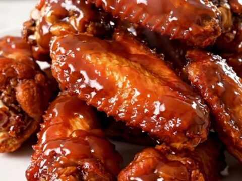 A close-up of glossy, spicy Nashville hot chicken wings piled on a white plate.