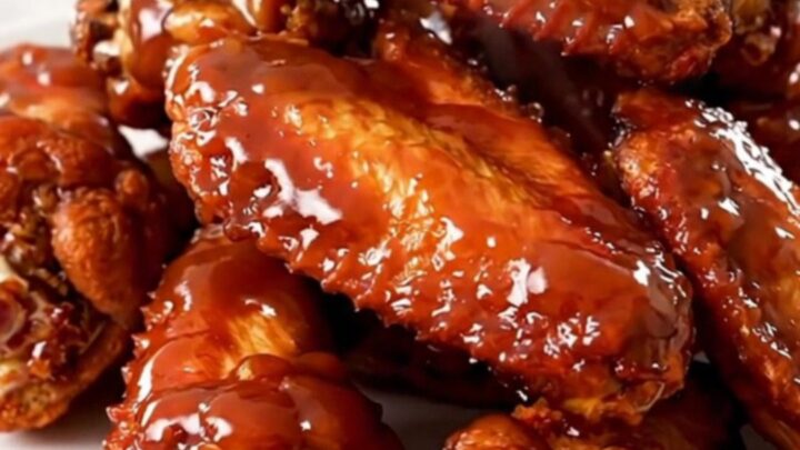 A close-up of glossy, spicy Nashville hot chicken wings piled on a white plate.