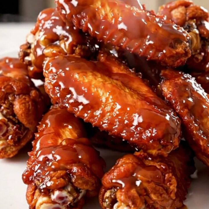 A close-up of glossy, spicy Nashville hot chicken wings piled on a white plate.