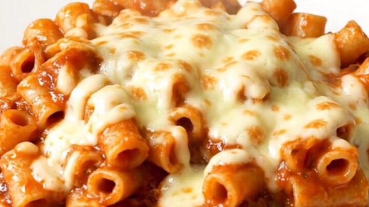 A close-up of a bowl filled with steaming ziti, topped with melted, gooey provolone cheese and colorful bell peppers.
