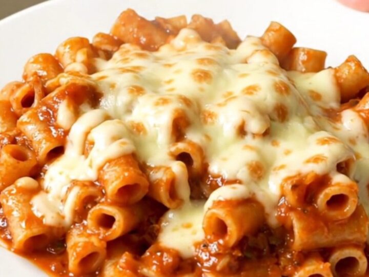 A close-up of a bowl filled with steaming ziti, topped with melted, gooey provolone cheese and colorful bell peppers.