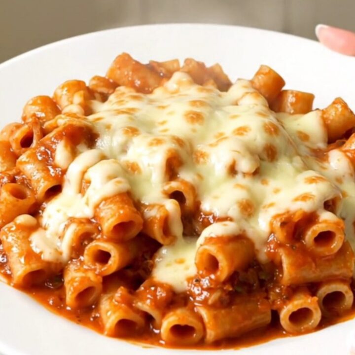 A close-up of a bowl filled with steaming ziti, topped with melted, gooey provolone cheese and colorful bell peppers.