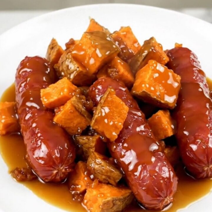 A slow cooker filled with sliced kielbasa and cubed sweet potatoes glazed in a maple butter sauce.
