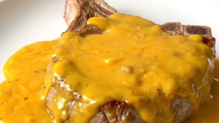 A top-down view of tender pork chops covered in a creamy cheddar and bacon sauce inside a black slow cooker.