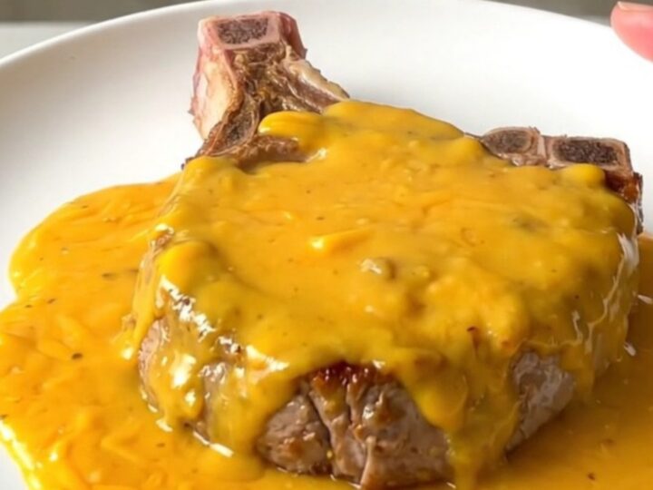 A top-down view of tender pork chops covered in a creamy cheddar and bacon sauce inside a black slow cooker.