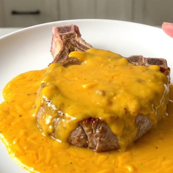 A top-down view of tender pork chops covered in a creamy cheddar and bacon sauce inside a black slow cooker.