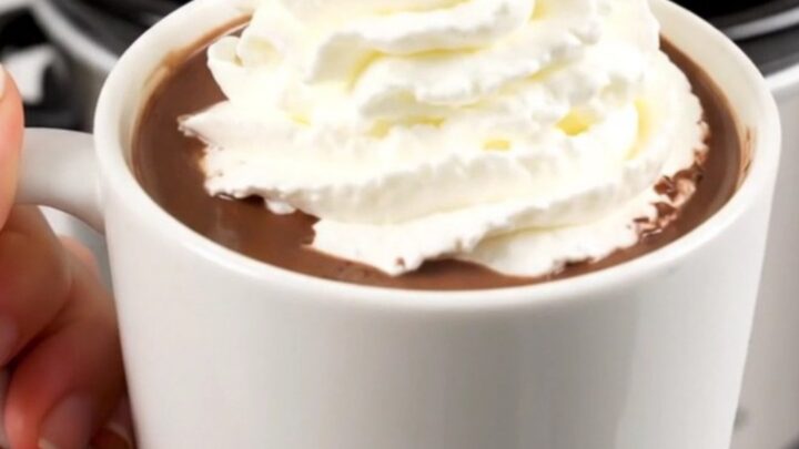 A steaming mug of gingerbread hot chocolate topped with whipped cream, sitting on a counter.