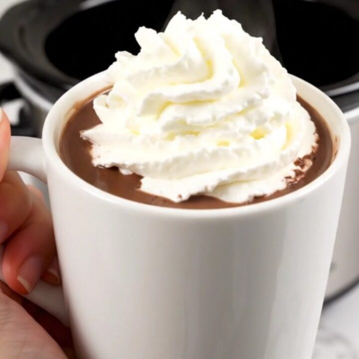 A steaming mug of gingerbread hot chocolate topped with whipped cream, sitting on a counter.