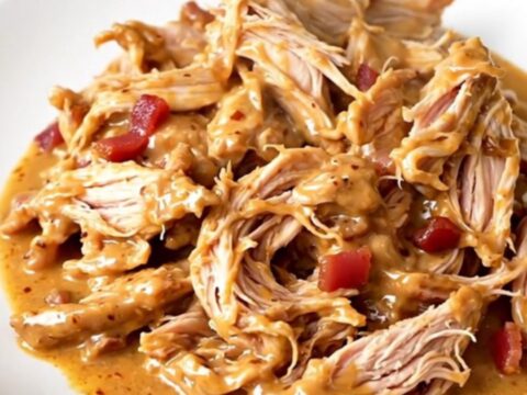 A close-up view of creamy shredded chicken coated in a rich smoked gouda sauce topped with crispy bacon bits.