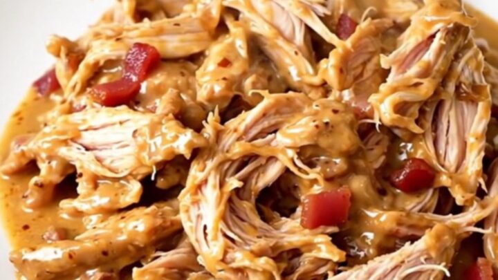 A close-up view of creamy shredded chicken coated in a rich smoked gouda sauce topped with crispy bacon bits.
