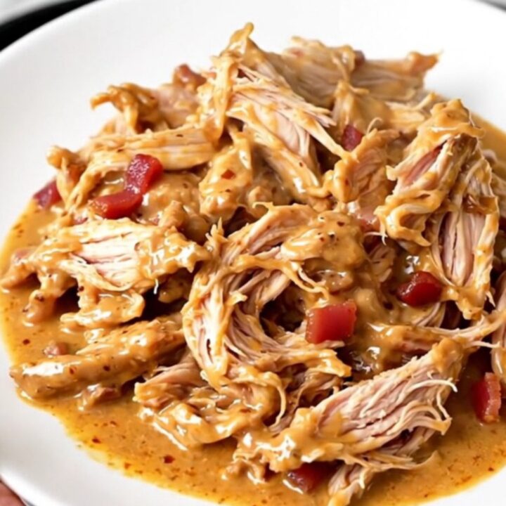 A close-up view of creamy shredded chicken coated in a rich smoked gouda sauce topped with crispy bacon bits.