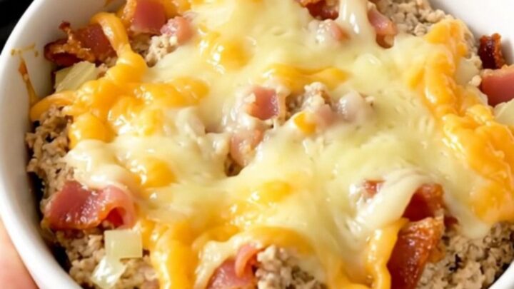 A warm, creamy bacon swiss dip in a white bowl, showing melted cheese and bacon bits.