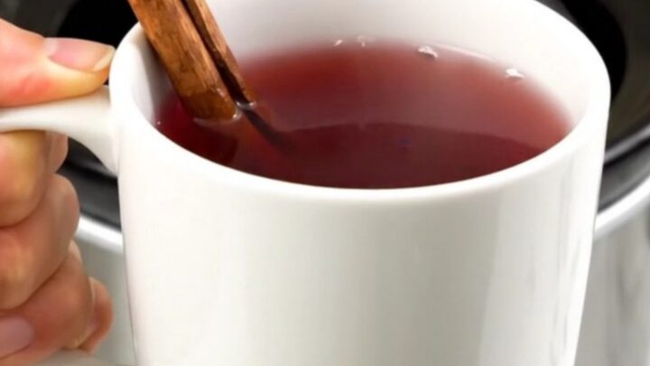 A clear view into a slow cooker filled with cranberry wassail, cinnamon sticks, and spices.