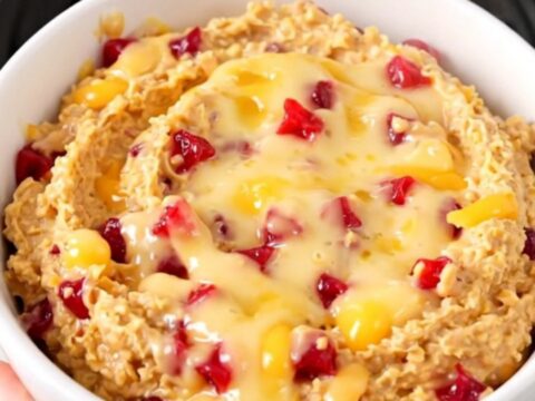A warm, creamy pimento cheese dip served in a white bowl on a bright kitchen counter.